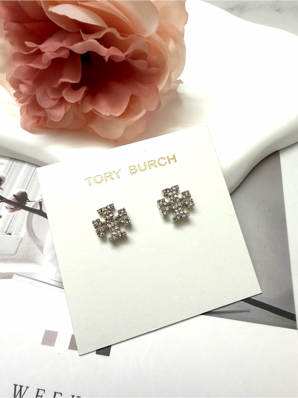 Tory Burch Crystal Logo Stud Earrings in Silver